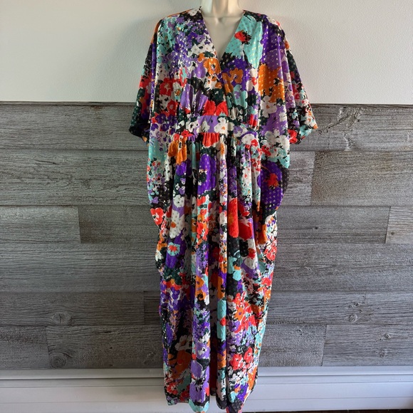Vintage Alice of California Floral Maxi Dress Kimono Metallic Free Size (M1) - Picture 1 of 11
